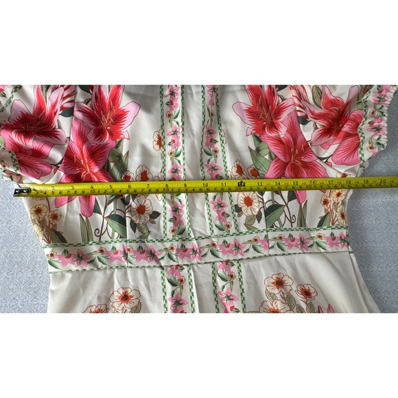 Pink Tropical Floral V-Neck Button Front Maxi Dress Size Large Cream - Picture 10 of 13